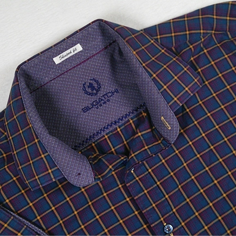 Bugatchi Uomo Mens XL‎ Shaped Fit Plaid Button Down Shirt Navy Burgundy Gold